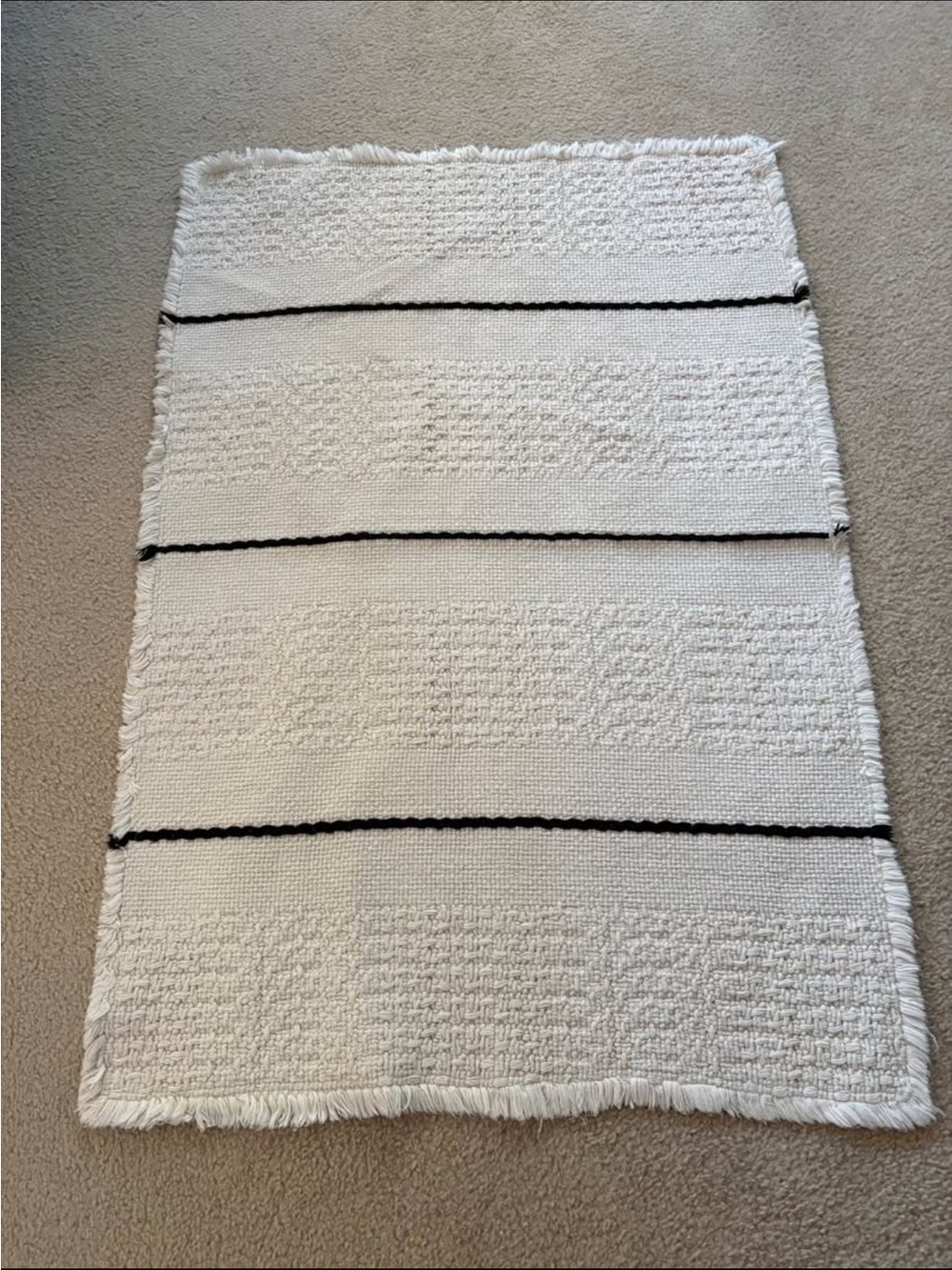 White Textured Cotton Bath Rug with Black Stripe